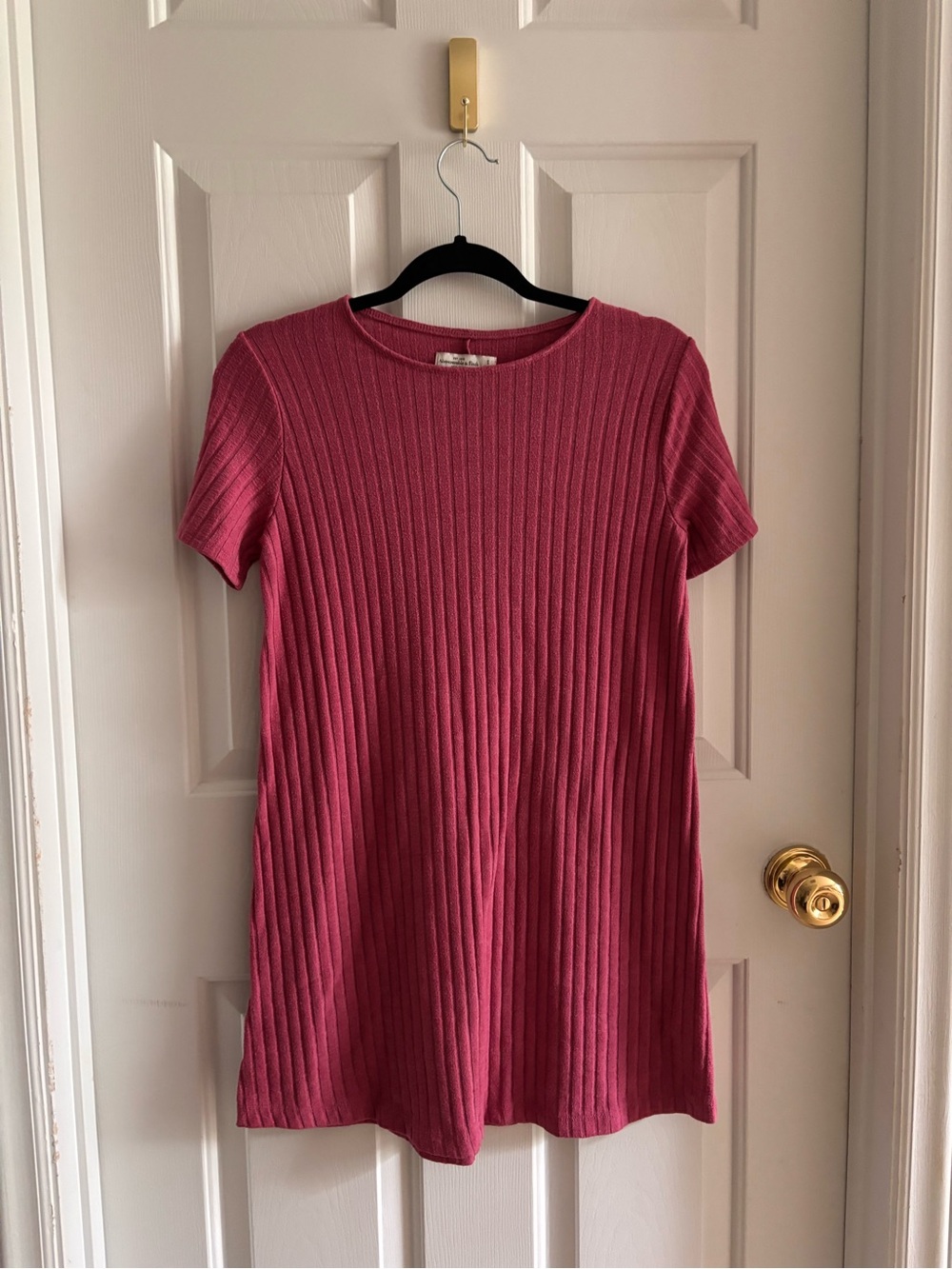 Abercrombie & Fitch Ribbed Short-Sleeve Mini Dress in Berry